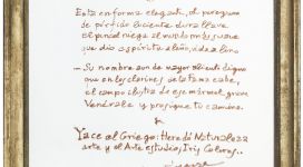 Inscripción para el sepulcro de Domínico Greco (Luís de Góngora), plate glass with writing and mirror, in gilded frame, 77x67 cm