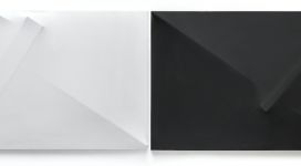 Bruno Gambone, Senza Titolo (dittico), 1974, diptych composed of two shaped canvases, one in white acrylic and the other black, cm 70x200